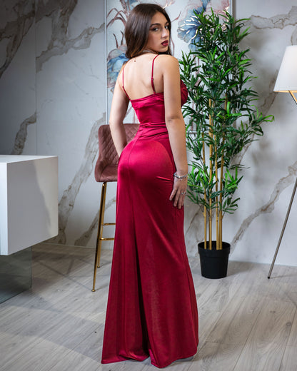 Abito Lungo in Satin Rosso "Silk" - Corpetto Corsetto, Spalline Sottili e Maxi Spacco